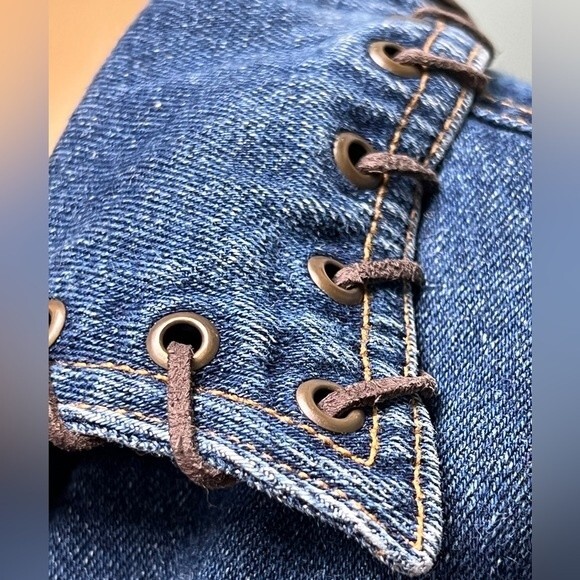 Vintage Lighthouse Jean Jacket Leather Lace up on arms sides pockets and neck. - Picture 7 of 16